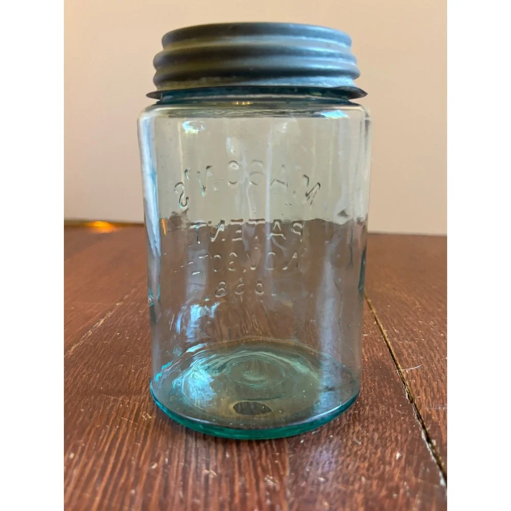 Antique Aqua Mason's Patent Nov 30th 1858 Quart Fruit Jar Zinc Lid Bubbles